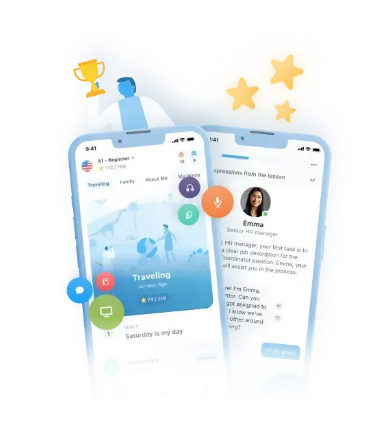 App interface showing language lessons